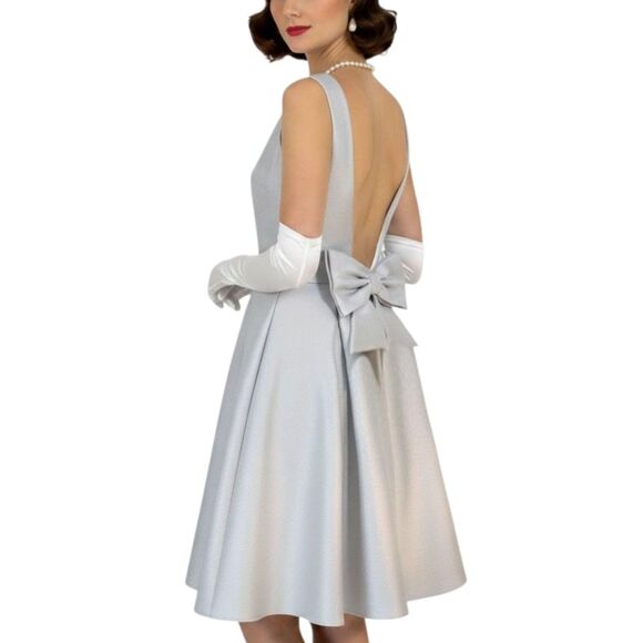Alfred Sung Dove Gray A-Line Bow Cocktail Dress Sz 8 | Audrey Hepburn Jackie-O - Picture 1 of 11